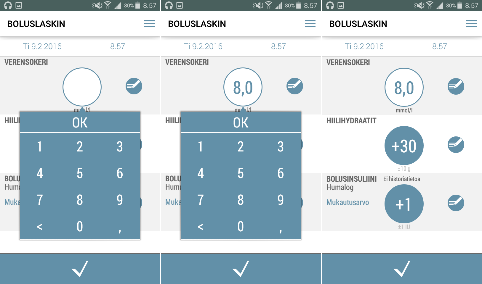 3.4 Sovelluksen käyttö 3.4.1 Tiedonsyöttö Voit antaa sovellukselle tietoja verensokeristasi, syömistäsi hiilihydraateista sekä ottamastasi bolusinsuliinista sovelluksen tiedonsyöttönäkymän kautta.