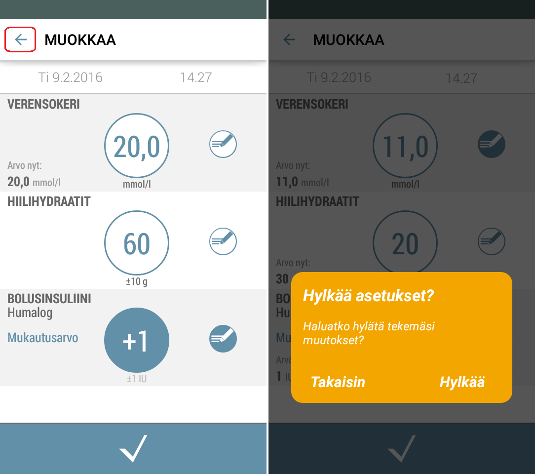 Voit siirtyä pois merkinnän muokkausnäkymästä milloin tahansa napauttamalla näytön vasemmassa yläreunassa näkyvää nuolta.