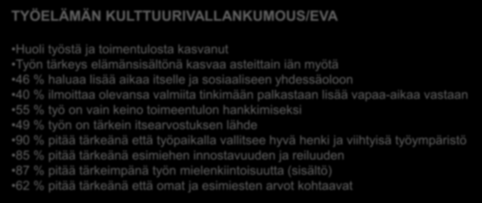 hankkimiseksi 49 % työn on tärkein itsearvostuksen lähde 90 % pitää tärkeänä että työpaikalla vallitsee hyvä henki ja viihtyisä työympäristö 85 % pitää