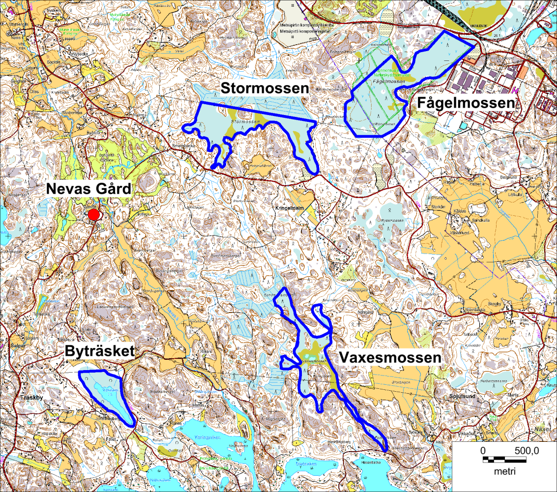 LIITE/BILAGA 9 Kuva 3. Boxin soiden (Stormossen, Fågelmossen ja Vaxesmossen) ja Byträsketin Natura 2000 alueiden sijainti ja rajaukset (siniset viivat).
