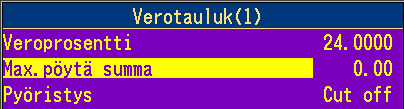 VAIHE YKSI = Verotaulukon 1 muuttaminen 23% 24% 1. Paina Valitse 1.Kassaominaisuudet 2. Valitse kohta 9.Verotaulukko 3. Valitse kohta 1.