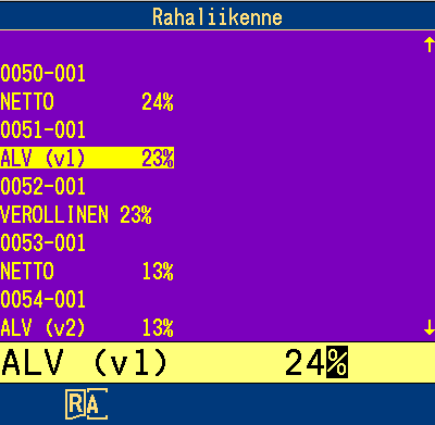 Ohje jatkuu seuraavalla sivulla 0051-001 ja valitse kohta ALV (v1) 23% ALV (v1) 23% ALV (v1) 24%, 5.