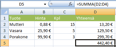 Taulukkolaskenta Microsoft Excel 2007 31/62 Funktiot Funktio on Excelissä valmiina oleva laskukaava.