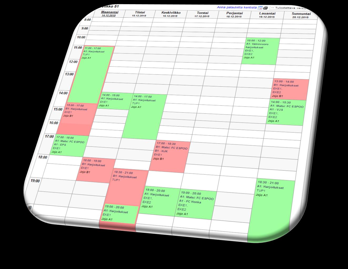 Esimerkki: VARAUSKARTTA Espoonlahden ja Tapiolan kenttien varaustilanne lohkoittain ja tapahtumatyypeittäin, viikkonäkymä Monimuotoiset Varauskalenterit Esimerkki: YHDISTETTY KALENTERI Joukkueen A