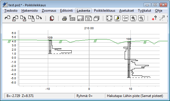 9.2 Poikkileikkausikkuna Jos käytössäsi on Maastomalli-toiminnot, voit laskea poikki- ja pituusleikkauksia ja saada samaan kuvaan kairausdiagrammi.