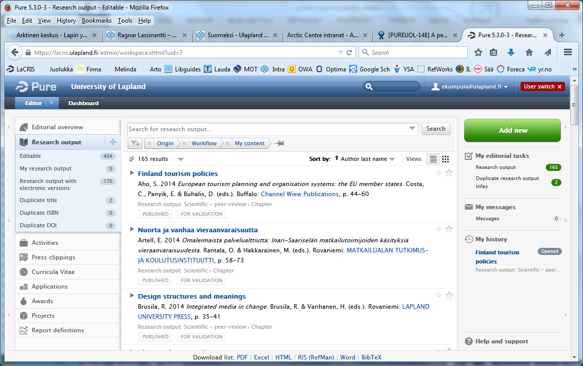 Julkaisujen validointi Klikkaa kohtaa Research output, niin eteesi aukeaa lista julkaisuja