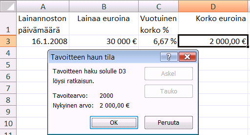 Tavoitteen haku ja ratkaisija Tavoitteen haku Tavoitteen haku -toiminnolla etsit laskennan tulokselle tavoitearvoa. Tavoitteen haku tarkentaa (iteroi) tulosta, kunnes löytyy ratkaisu.