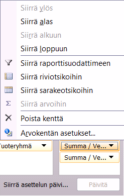 Tehtäväkuvauksesta seuraa, että sinun kannattaa asettaa Tuoteryhmä-kenttä Riviotsikot-lohkoon. Arvot-lohkossa suoritetaan laskentaa, Veroton hinta -kentän arvoilla taas voit laskea.