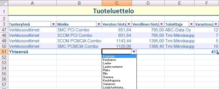 Kuva 190 Taulukon (sarakkeen) alimman rivin alla olevalla summarivillä voit pudotusvalikosta valita funktion, jonka mukaan yhteenvetorivillä lasketaan.