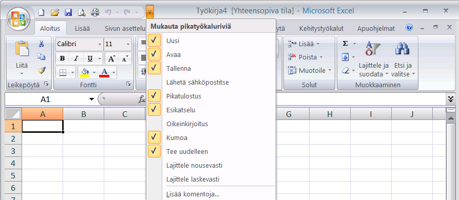 Pikatyökalurivin mukauttaminen Pikatyökalurivillä on oletuksena muutama jatkuvasti tarvitsemasi toiminto, komentopainike.