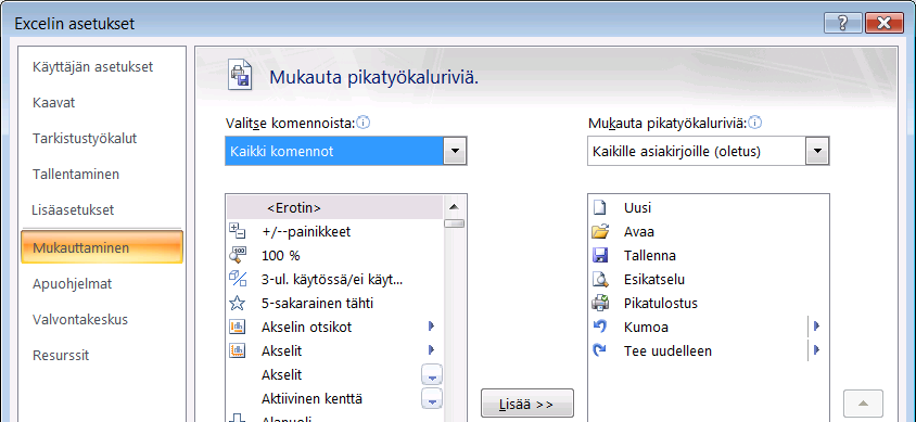 Pikatyökalurivin sisällön mukauttaminen käy helposti Mukauta pikatyökaluriviä -painikkeen asetuksilla. Kuva 213 Tee yllä kuvassa näkyvät valinnat Pikatyökalurivin sisältöön.