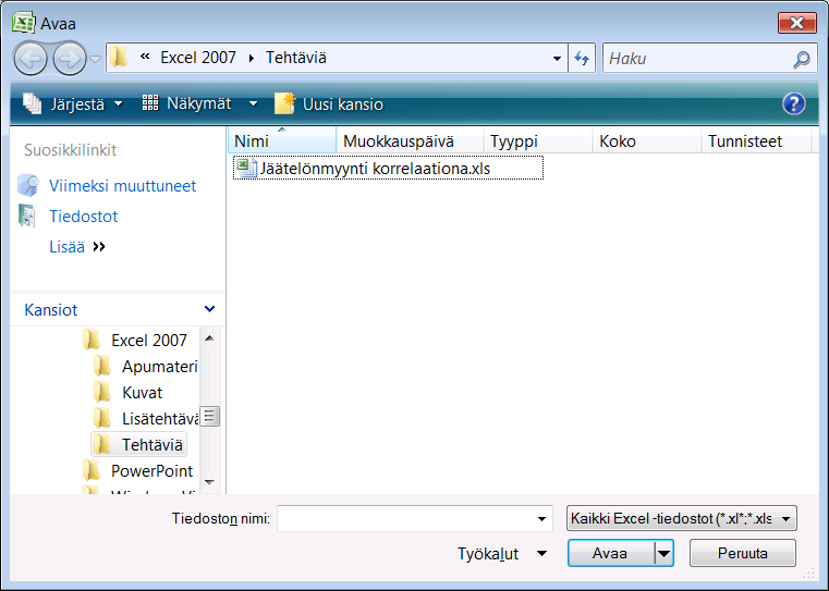 Tiedoston avaaminen Avaat olemassa olevan työkirjan helpoiten näppäinyhdistelmällä CTRL + O. Asiakirjan voit avata myös napsauttamalla Office-valikon Avaa-komentoa.