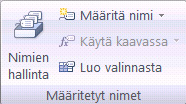 Alueiden nimeäminen Solulle tai alueelle voit antaa arvojen tarkoitusta kuvaavan nimen. Tällainen nimi helpottaa kaavojen laatimista.