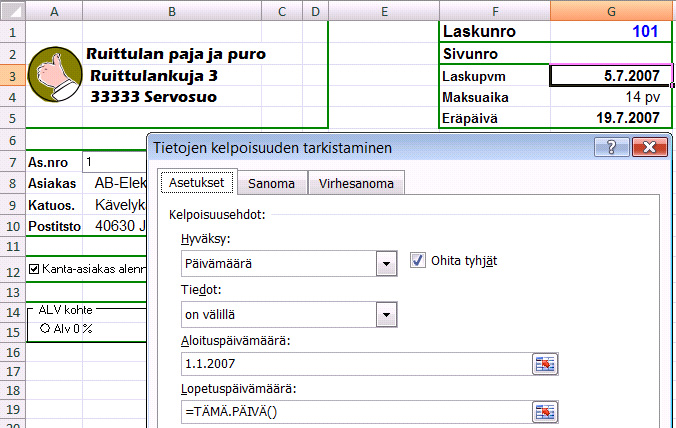 rajoittaminen Kuva 55 Laadi kuvassa esitetty kelpoisuusehto Laskutuspäivä-kentälle.