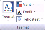 Solun ja alueen sisällön muotoileminen Teemat Excel taulukossa on sen asentamisen jälkeen oletuksena käytössä Office-teema. Tällä teemalla tekemillesi muotoiluille on annettu perusarvot - oletusarvot.