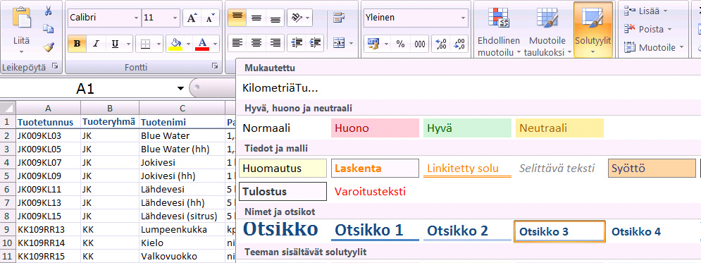Solutyylin muuttaminen Kun haluat muuttaa tyylissä jotain muotoilua, tapahtuu se seuraavasti: Valitse Solutyylit-valikoimasta muutettava tyyli.