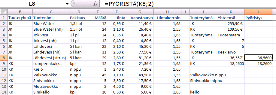 Kuva 94 Pyöristä()-funktiolla pyöristät laskennassa saadun vastauksen haluamallasi määrällä desimaaleja tai kokonaisia. Jos kirjoitat funktion toiseksi argumentiksi 2, pyöristät luvun sadasosiin.