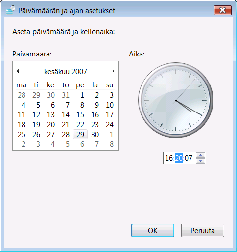 Napsauttamalla Muuta päivämäärän ja kellonajan asetukset -painiketta pääset korjaaman virheelliset aika-asetukset. Tämä edellyttää kuitenkin sitä, että sinulla on järjestelmänvalvojan käyttöoikeudet.