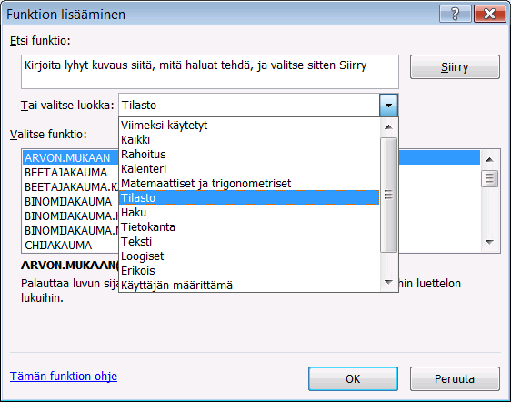 Tilastofunktiot Tilastofunktioilla etsitään vastauksia tilastomatemaattisiin ongelmiin. Tilasto-luokassa on suuri määrä funktioita, niistä tutustumme vain muutaman käyttöön.
