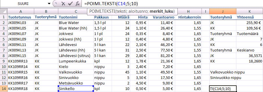 Tekstifunktiot Ketjuttaminen ja tekstin osien poiminta Ketjuta() ja Poimi.Teksti() -funktioilla käsittelet tekstimerkkijonoja. Harjoitustiedosto: Funktioiden käyttöä.xlsx - Summa.Jos.