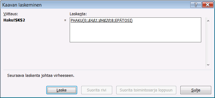 Kuva 116 Virhearvon sisältävässä solussa K2 on napsautettu Jäljitä edeltäjät -painiketta. Saman solun vasemmassa yläkulmassa näkyy vihreä kolmio.