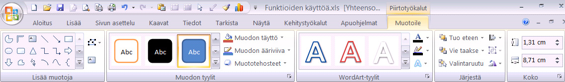 Viivatyökalut, myös tarttuvat viivat Piirtämisen perusmuodot Matemaattiset piirretyt merkit Puhekuplat ja tarttuvat selitekehykset Kuva 125 Muodot-painikkeen pudotusvalikossa on melkoinen määrä