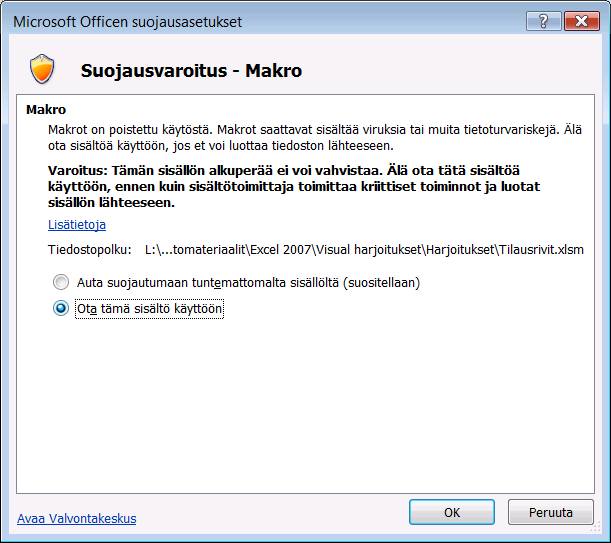 Makrot Makro on automatisoitu toimintosarja, kokoelma Excel-toimintoja, jotka suoritat yhdellä komennolla, näppäinpainalluksella tai painiketta napsauttamalla.