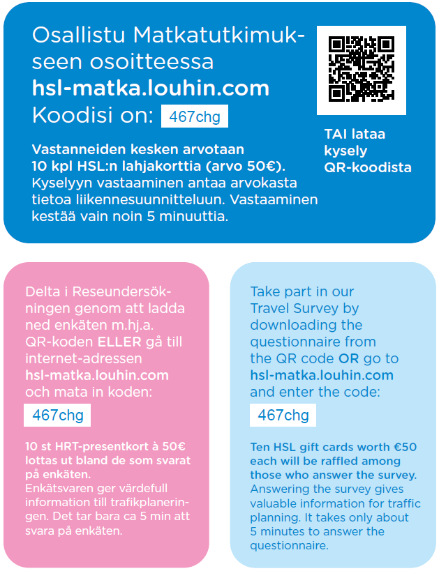 Kutsukortti Jokaisessa kutsukortissa oli kaksi vaihtoehtoista koodia: QR-koodi, jonka lukemalla pääsi suoraan kyselyyn.