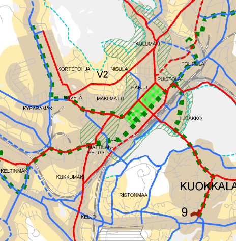 Keskeiset joukkoliikennekäytävät 20X0 Jyväskylän kaupungin Yleiskaava (2014), kartta