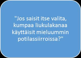 38 - vaikea pedata siististi Jos eri liukulakanoiden väliltä olisi mahdollista valita, vastaajista 81% haluaisi käyttää potilassiirroissa mieluummin funktionaalista kuin perinteistä liukulakanaa.