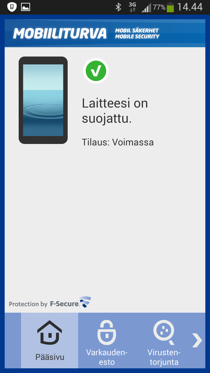 Sovelluksen asennus 1. Tarkista laite 2. Jos laitteessa ei ole haittaohjelmia, palaat pääsivulle Pääsivulta näet Mobiiliturvasovelluksen yleistilan.