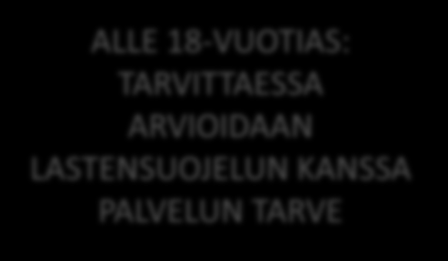 TUKEA TARVITSEVIEN YKSILÖIDEN ASIAKASPROSESSI ALKUKARTOITUS TAPAAMISESSA TAI PUHELIMESSA ALLE 18-VUOTIAS: TARVITTAESSA ARVIOIDAAN LASTENSUOJELUN KANSSA PALVELUN TARVE EXIT-TYÖN TARVE MUU TUEN TARVE