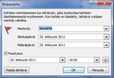 Lisävaihtoehdot näet tässäkin hiiren oikealla painikkeella. Tehtävän voi merkitä tehdyksi napsauttamalla viestiluettelossa olevan viestin lippua uudelleen.