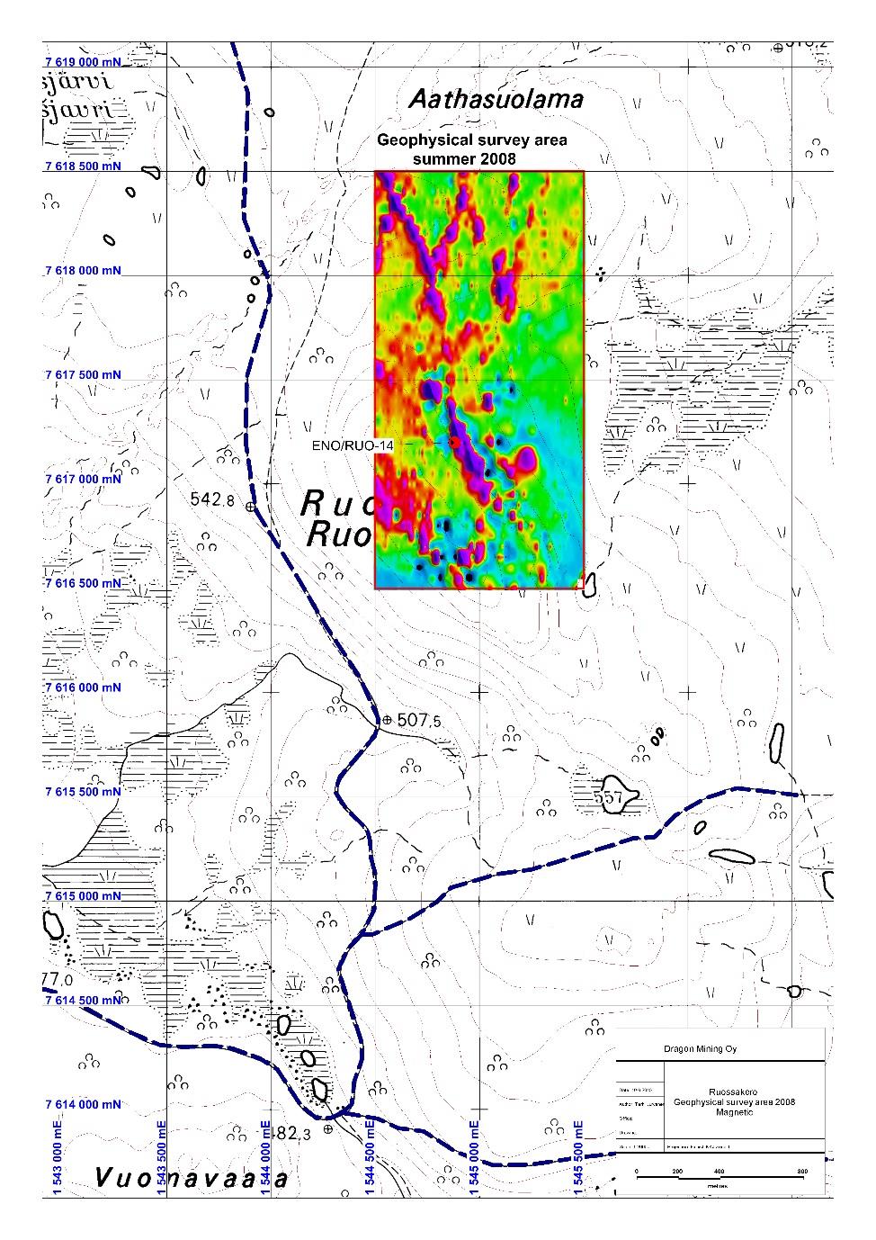 Kuva 8. Magneettisen mittauksen tulkinta (Lehtonen, Astrock Oy). Figure 8. Interpretation of the magnetic survey (Lehtonen, Astrock Oy).