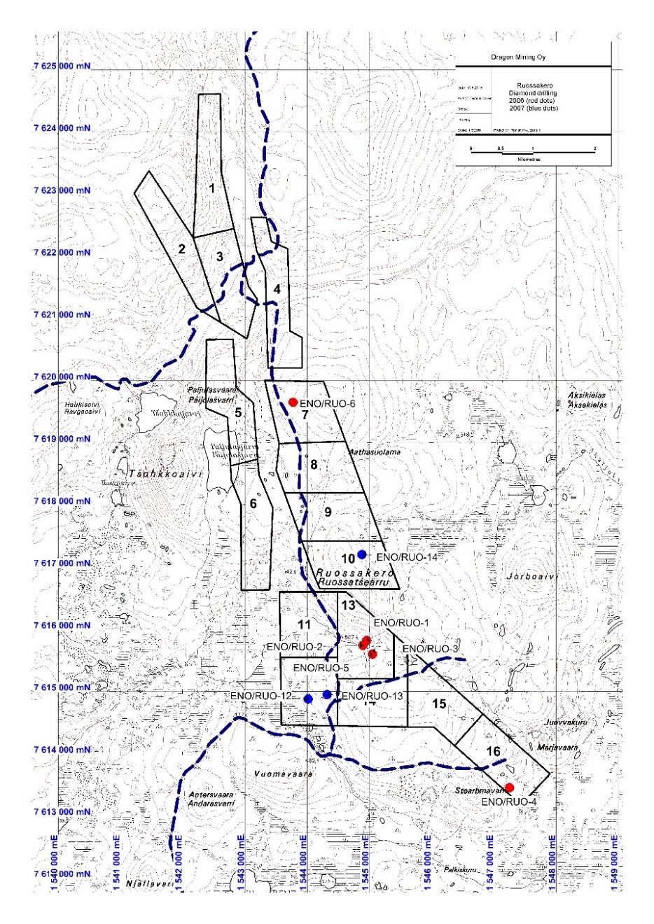 Alueella kairattiin vuonna 2006 kuusi reikää (ENO/RUO- 1 6) yhteispituudeltaan 917.70m ja vuonna 2007 kolme reikää (ENO/RUO-12 14, yhteispituudeltaan 527.05m) (Kuvat 9 ja 10). Kuva 9.