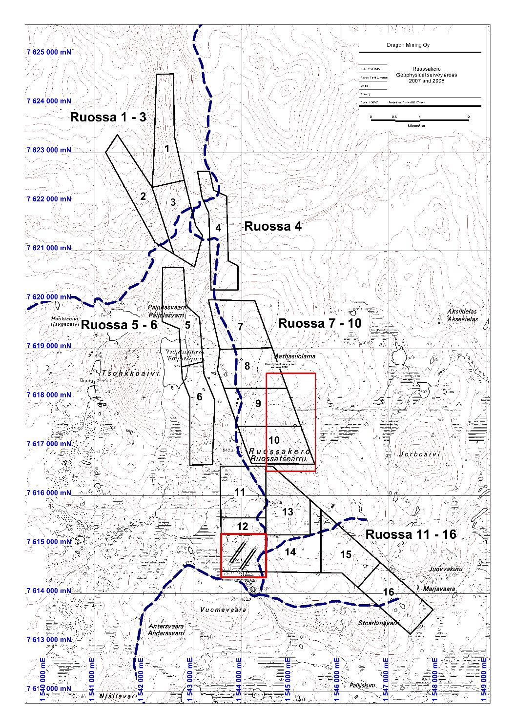 Liitteet: Liite 1. Ruossakeron geofysiikan mittausalueet sekä alkuperäiset valtaushakualueet Ruossa 1-16.