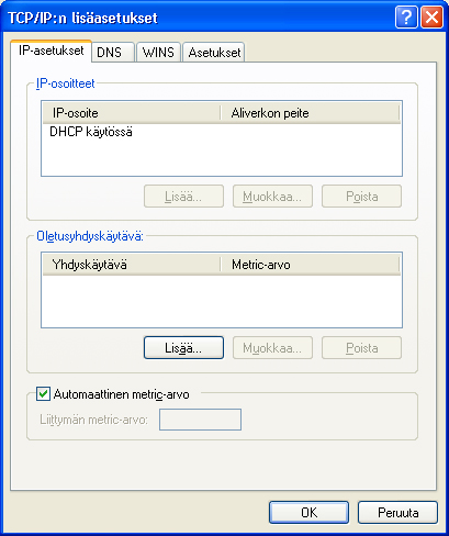 3. Laajakaistaliittymän asetukset / Windows XP 9. WINS-välilehti Vain Poista käytöstä NetBios- TCP/IP:n päällä -valinta tulee olla valittuna. Poista muut valinnat kuvan mukaan. 11.