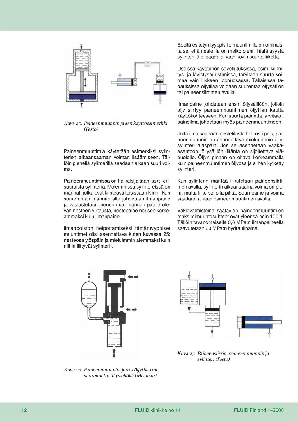 Paineenmuunnin ja sen käyttöesimerkki (Festo) Paineenmuuntimia käytetään esimerkiksi sylinterien aikaansaaman voiman lisäämiseen. Tällöin pienellä sylinterillä saadaan aikaan suuri voima.