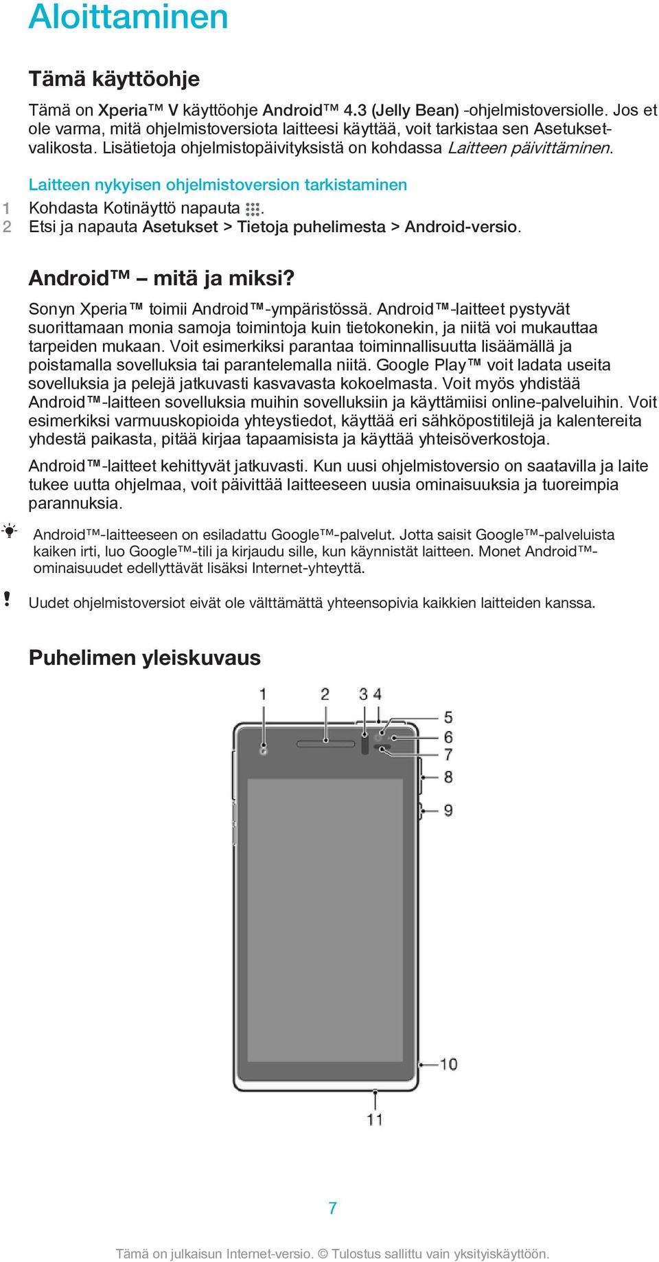 Laitteen nykyisen ohjelmistoversion tarkistaminen 2 Etsi ja napauta Asetukset > Tietoja puhelimesta > Android-versio. Android mitä ja miksi? Sonyn Xperia toimii Android -ympäristössä.