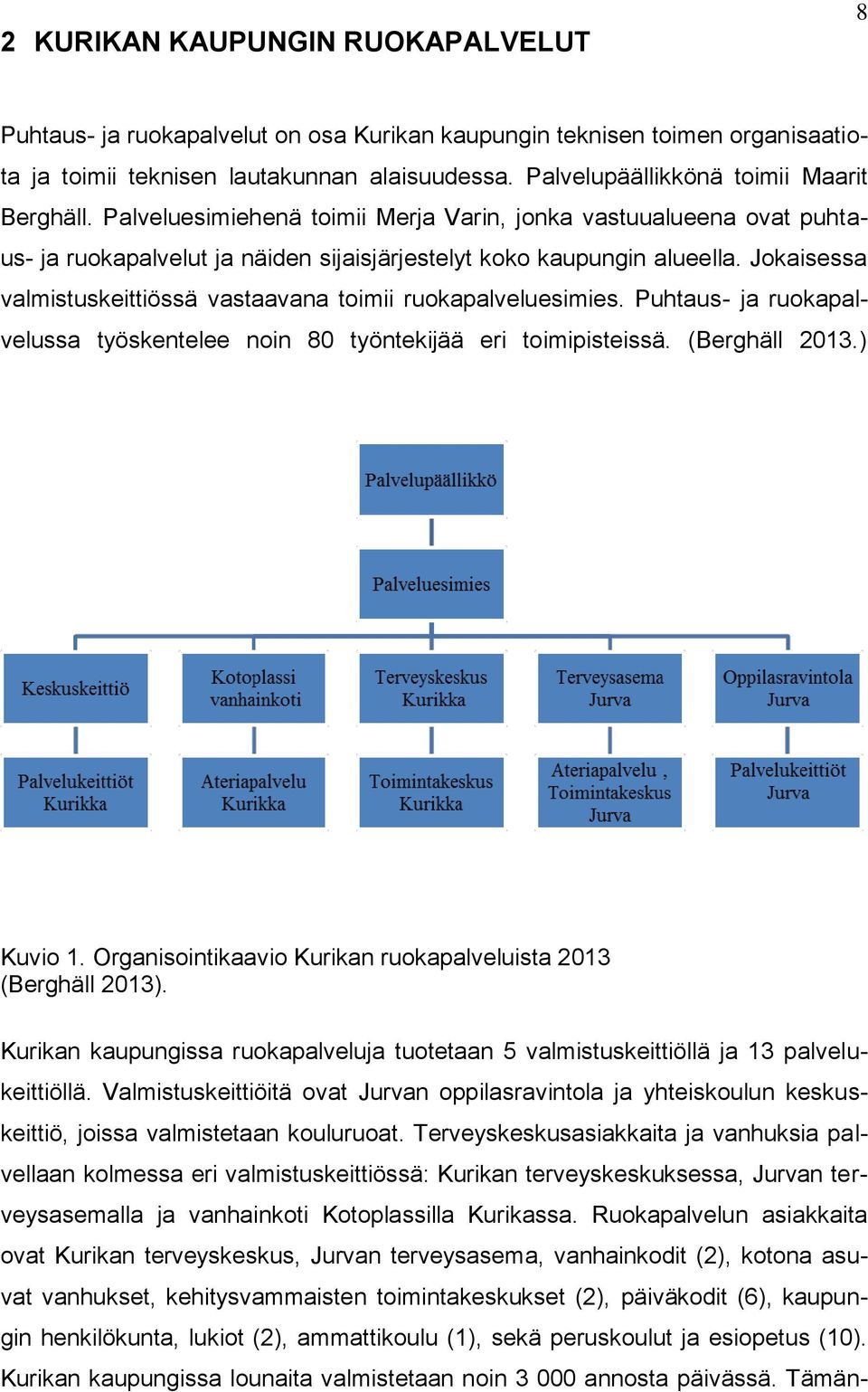 Jokaisessa valmistuskeittiössä vastaavana toimii ruokapalveluesimies. Puhtaus- ja ruokapalvelussa työskentelee noin 80 työntekijää eri toimipisteissä. (Berghäll 2013.) Kuvio 1.