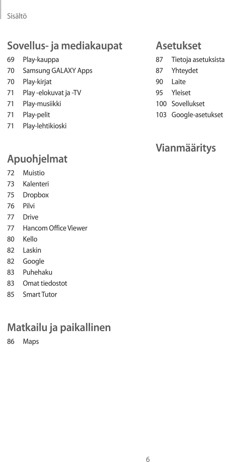 Hancom Office Viewer 80 Kello 82 Laskin 82 Google 83 Puhehaku 83 Omat tiedostot 85 Smart Tutor Asetukset 87 Tietoja