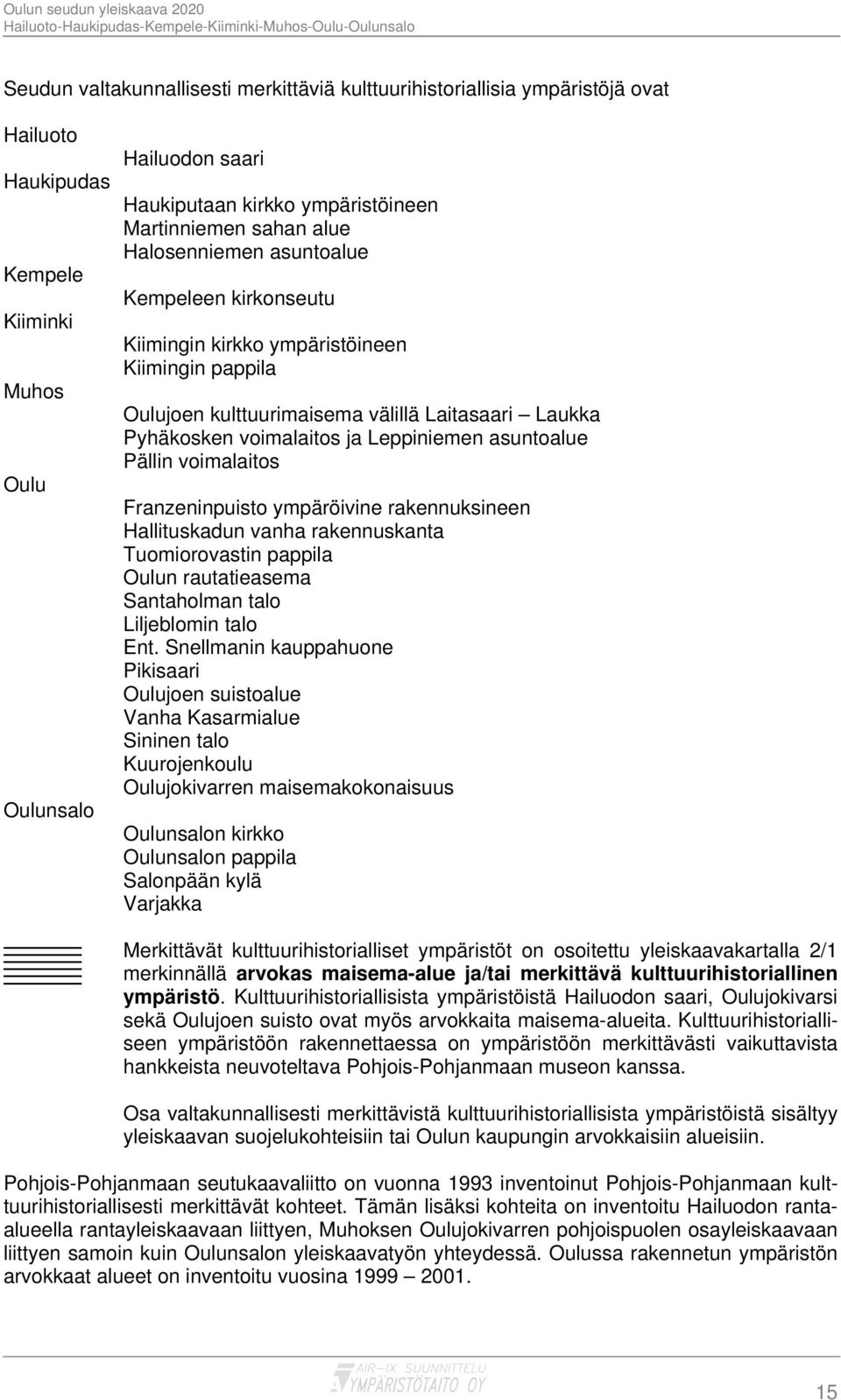 asuntoalue Pällin voimalaitos Franzeninpuisto ympäröivine rakennuksineen Hallituskadun vanha rakennuskanta Tuomiorovastin pappila Oulun rautatieasema Santaholman talo Liljeblomin talo Ent.