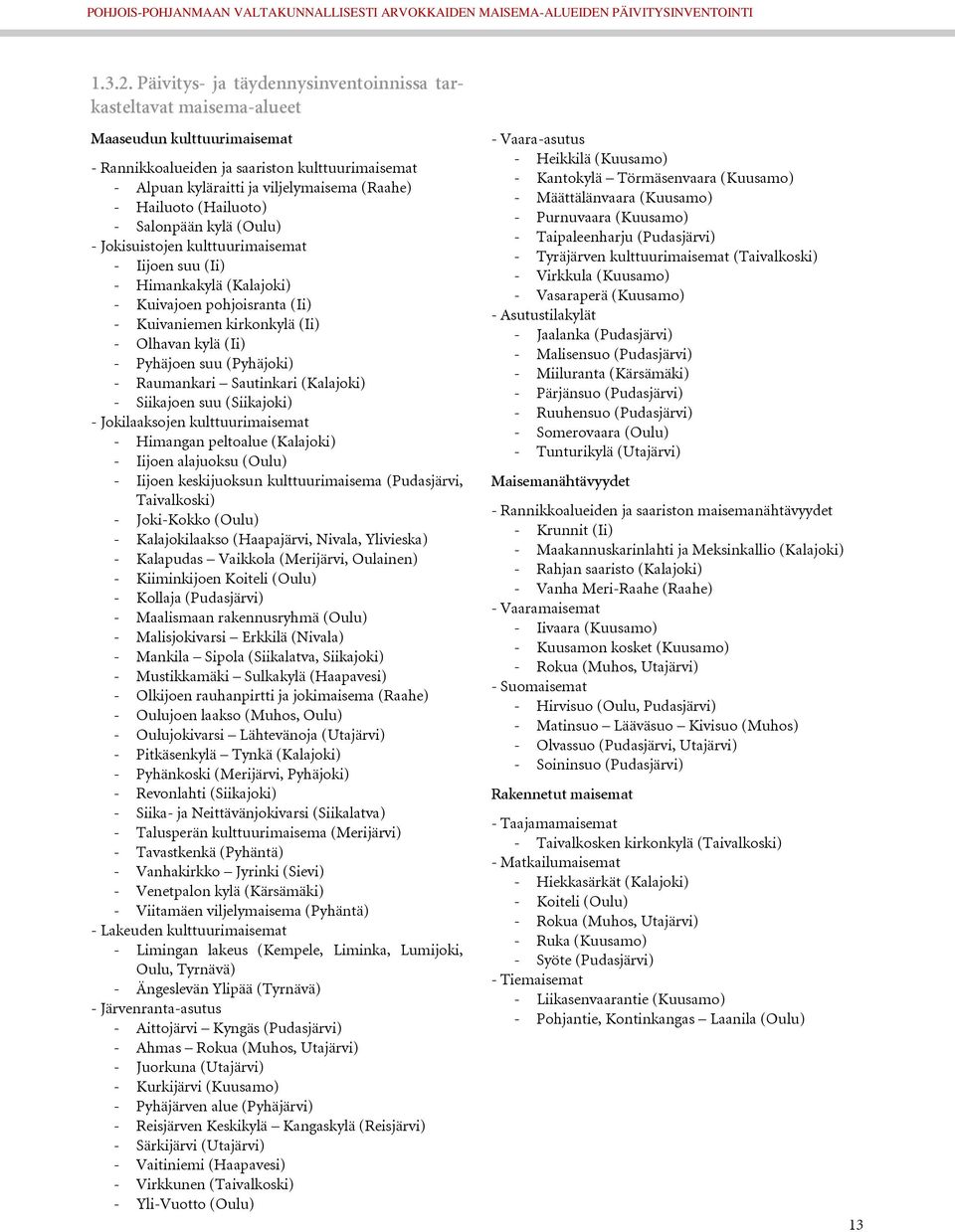 Hailuoto (Hailuoto) - Salonpään kylä (Oulu) - Jokisuistojen kulttuurimaisemat - Iijoen suu (Ii) - Himankakylä (Kalajoki) - Kuivajoen pohjoisranta (Ii) - Kuivaniemen kirkonkylä (Ii) - Olhavan kylä