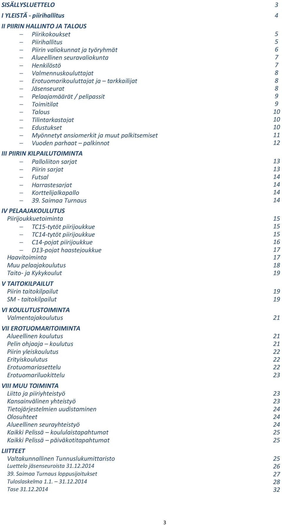 palkitsemiset 11 Vuoden parhaat palkinnot 12 III PIIRIN KILPAILUTOIMINTA Palloliiton sarjat 13 Piirin sarjat 13 Futsal 14 Harrastesarjat 14 Korttelijalkapallo 14 39.