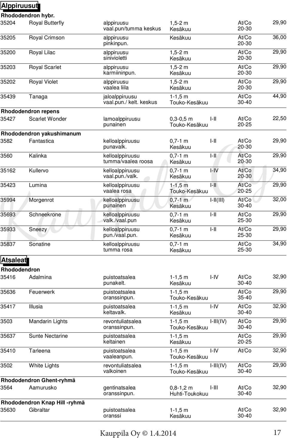 20-30 35202 Royal Violet alppiruusu 1,5-2 m At/Co 29,90 vaalea liila 20-30 35439 Tanaga jaloalppiruusu 1-1,5 m At/Co 44,90 vaal.pun./ kelt.