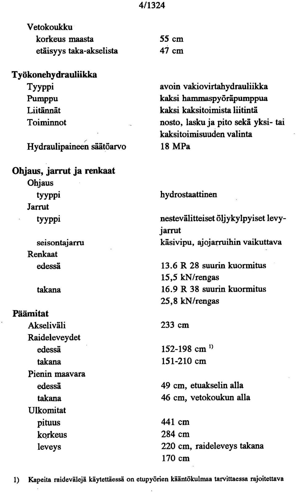 hammaspyöräpumppua kaksi kalcsitoimista liitintä nosto, lasku ja pito sekä yksi- tai kaksitoimisuuden valinta 18 MPa hydrostaattinen nestevälitteiset öljykylpyiset levyjarrut käsivipu, ajojarruihin