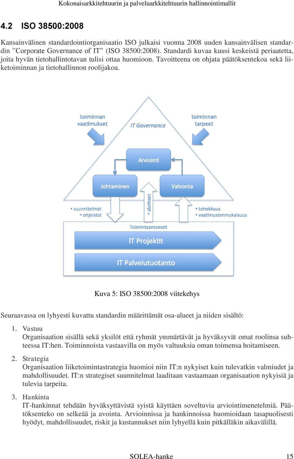 Kuva 5: ISO 38500:2008 viitekehys Seuraavassa on lyhyesti kuvattu standardin määrittämät osa-alueet ja niiden sisältö: 1.