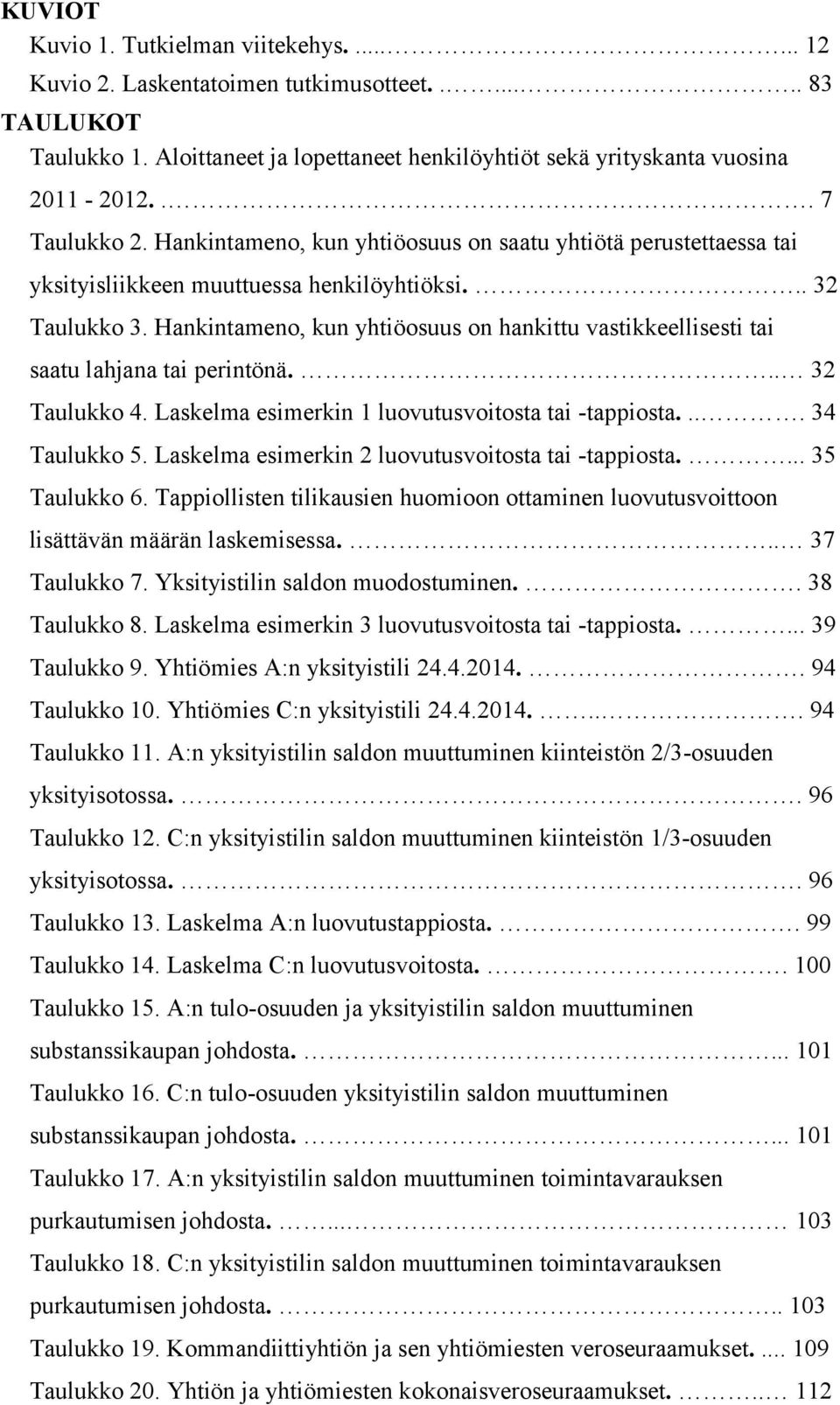 Hankintameno, kun yhtiöosuus on hankittu vastikkeellisesti tai saatu lahjana tai perintönä... 32 Taulukko 4. Laskelma esimerkin 1 luovutusvoitosta tai -tappiosta.... 34 Taulukko 5.