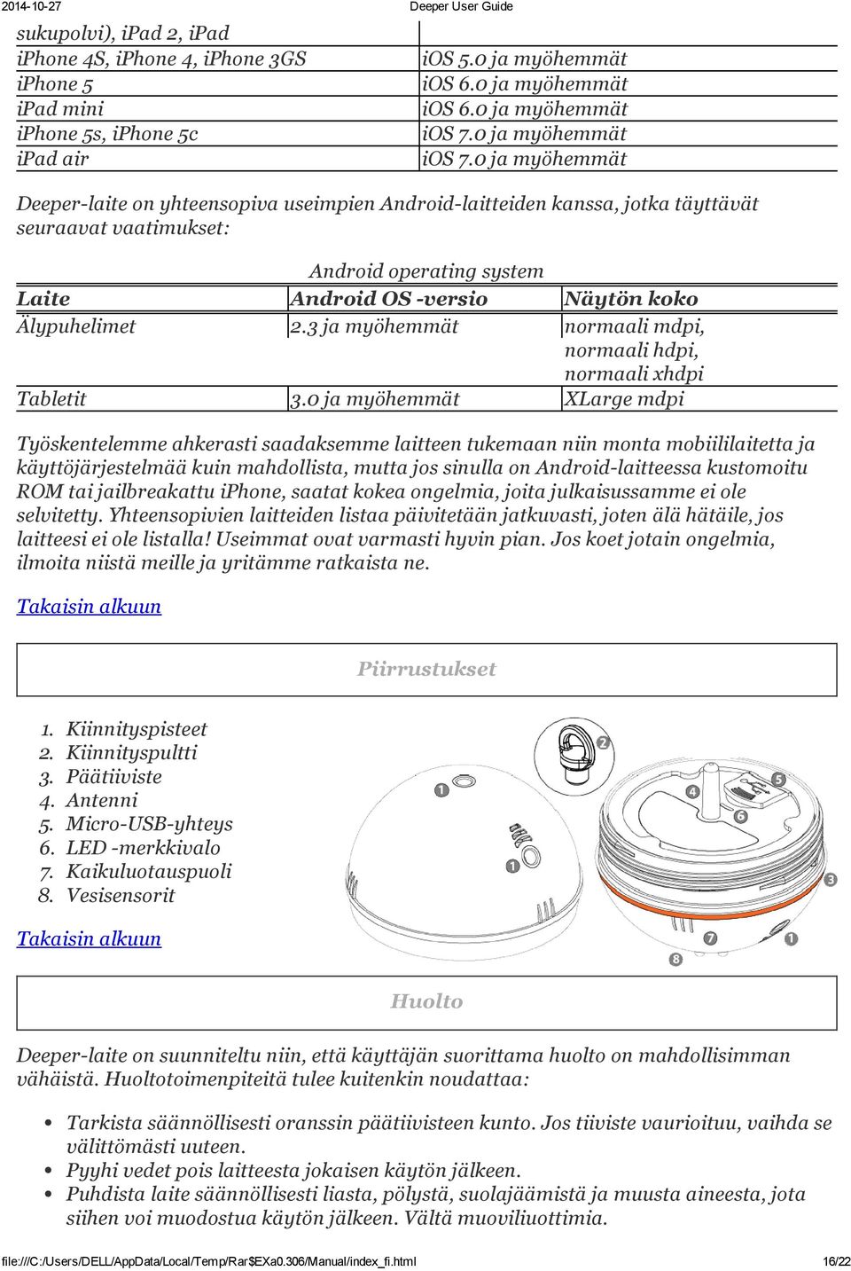 0 ja myöhemmät Deeper-laite on yhteensopiva useimpien Android-laitteiden kanssa, jotka täyttävät seuraavat vaatimukset: Android operating system Laite Android OS -versio Näytön koko Älypuhelimet 2.