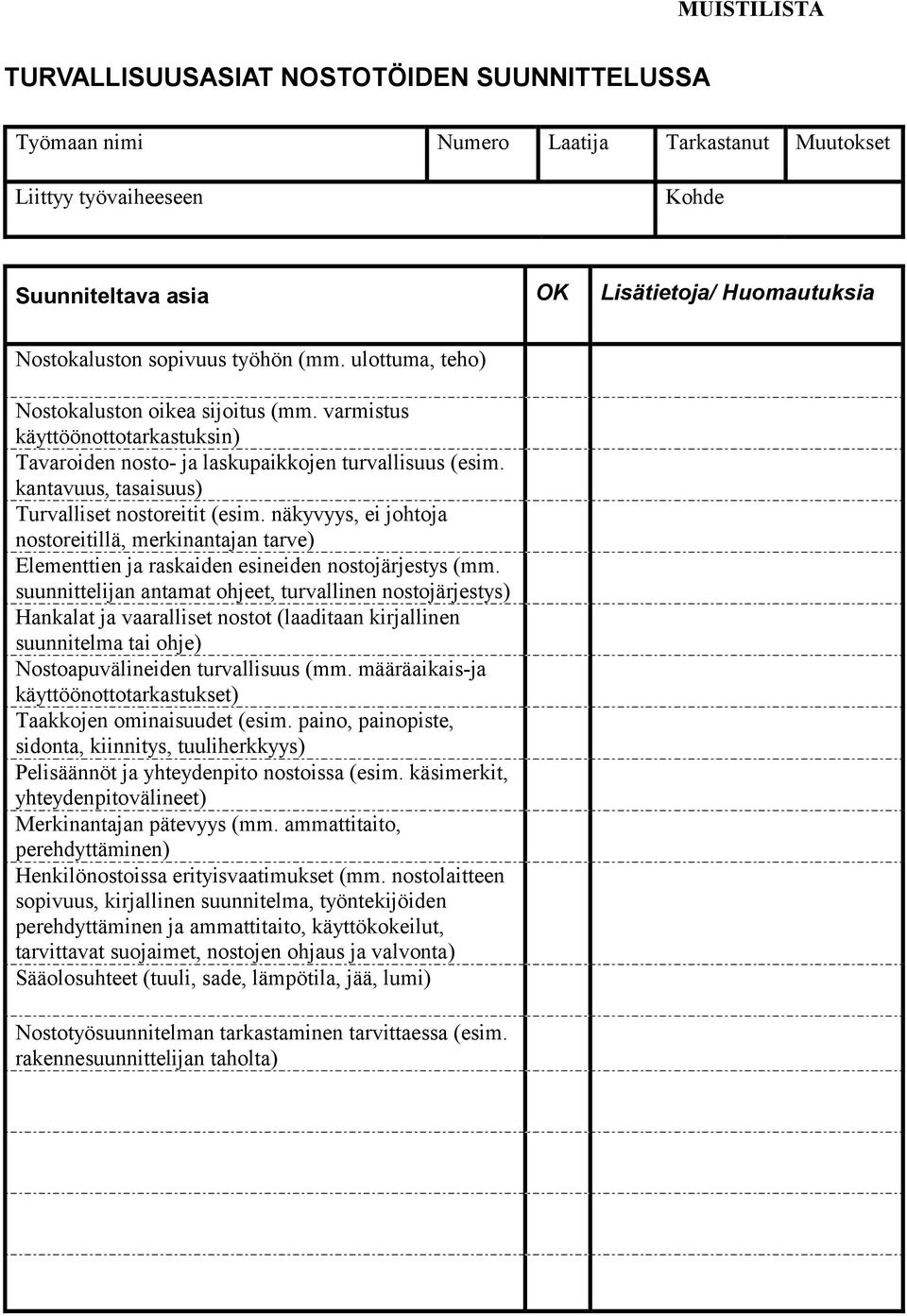 kantavuus, tasaisuus) Turvalliset nostoreitit (esim. näkyvyys, ei johtoja nostoreitillä, merkinantajan tarve) Elementtien ja raskaiden esineiden nostojärjestys (mm.